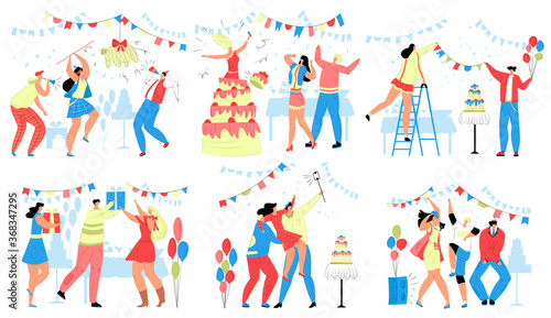 Happy people in birthday party vector illustration set. Cartoon flat man woman characters celebrate birthdate together, greeting with birthday cake, dancing. Fun party celebration isolated on white