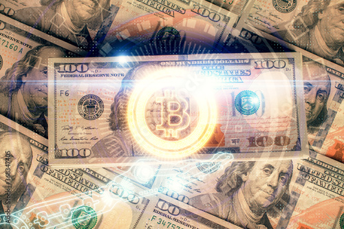 Multi exposure of crypto theme drawing over us dollars bill background. Concept of blockchain success.
