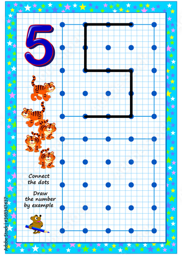 Educational page for little children on square paper. Connect the dots. Draw the number by example. Developing writing skills. Printable worksheet for kids school textbook. IQ test. Online playing.