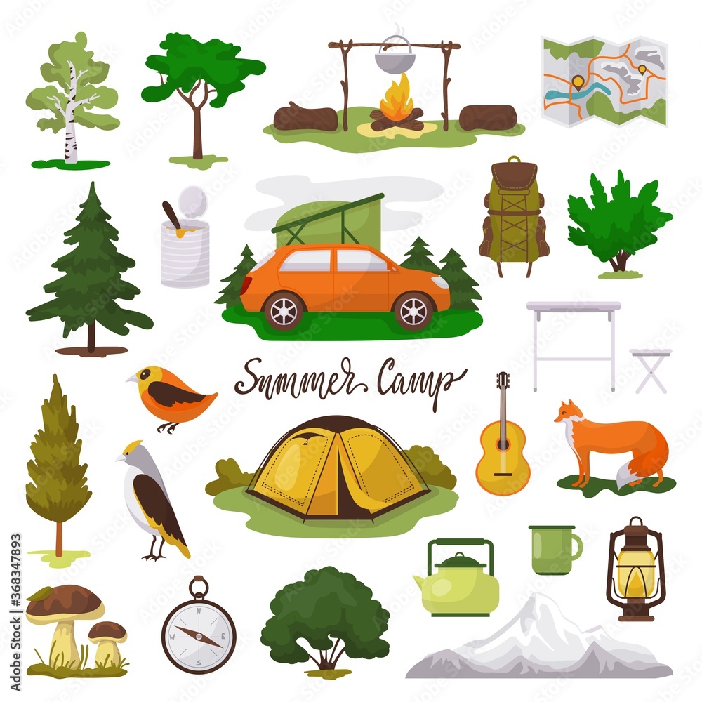 Camp adventure vector illustration icons set. Cartoon flat tourist camping  equipment, map, tent and campfire, green trees and animals in forest.  Elements of outdoor summer tourism isolated on white Stock Vector |