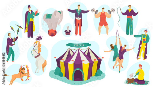 People in circus performance vector illustration set. Cartoon flat fun active artist character performing magic show, clown, acrobat, juggler or animal performer with circus tent isolated on white