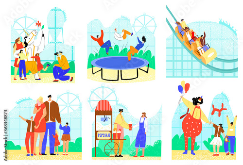 People in entertainment park vector illustration set. Cartoon flat active family character have fun, rest in carnival fair, ride on roller coaster. Entertaining park attraction icons isolated on white