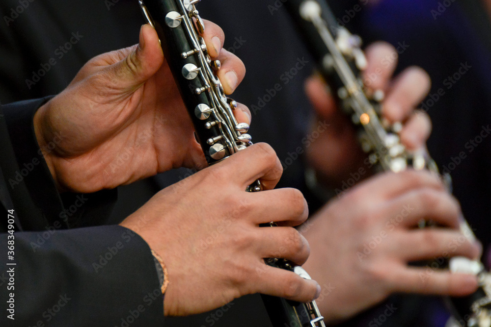Fototapeta premium Ein Musiker spielt Klarinette bei einem Konzert.