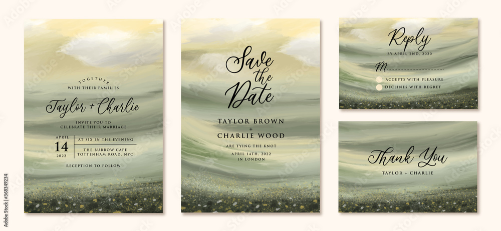 wedding invitation set with abstract landscape painting background