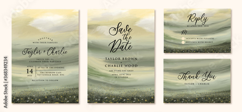 wedding invitation set with abstract landscape painting background