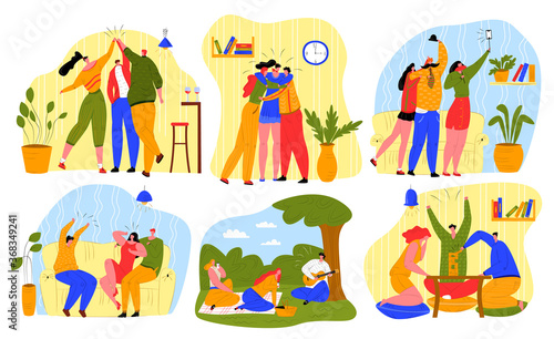 Friends spend time together vector illustration set. Cartoon flat happy man w...