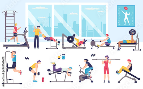 People workout in gym vector illustration. Cartoon flat man woman characters doing sport exercises with dumbbells, running, working on sport equipment. Gymnasium for fitness activity isolated on white © creativeteam