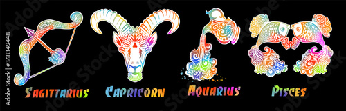 A set of zodiac signs. T-shirt print. Symbol for tattoo. Mixed media. Multi-colored objects. Elements of water, earth, fire and air. Vector illustration