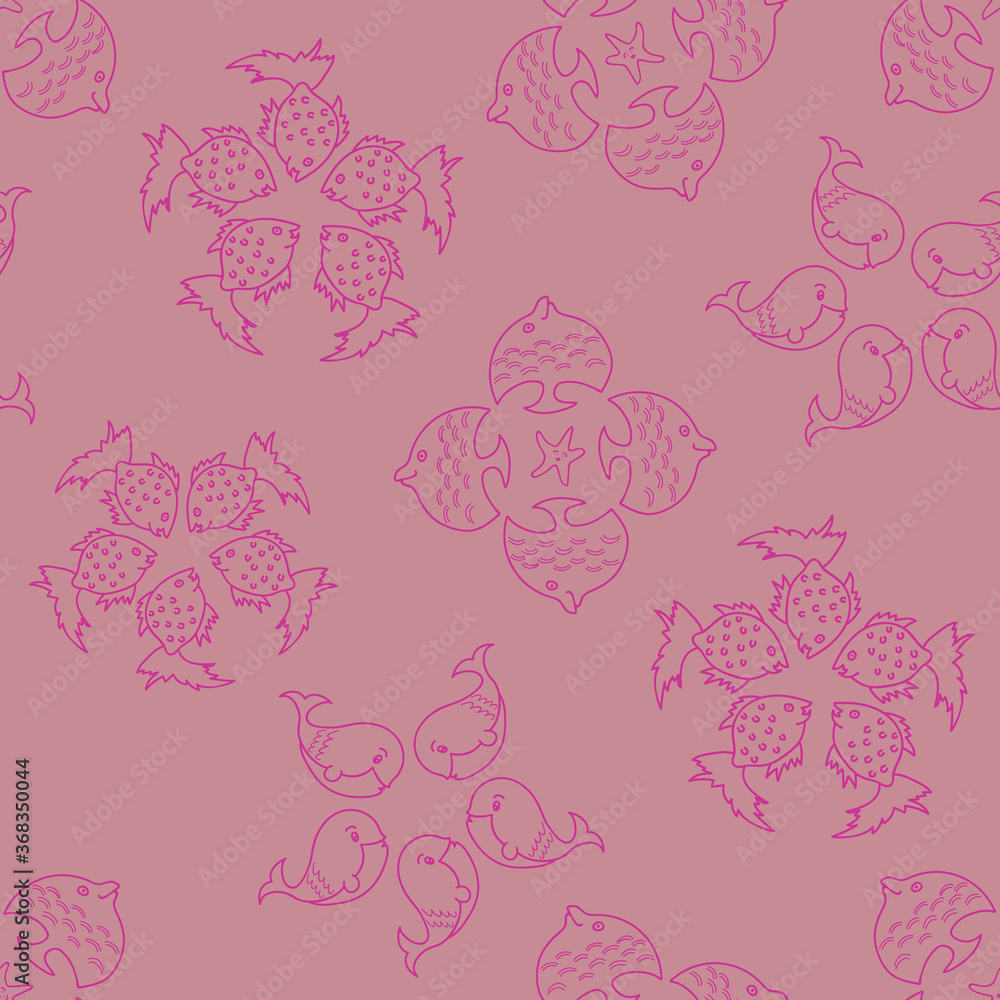 Vector aquatic fish in floral seamless pattern background