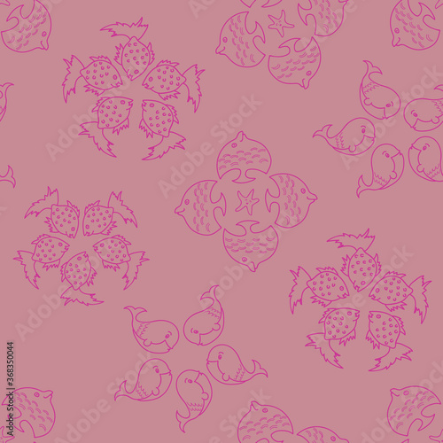 Vector aquatic fish in floral seamless pattern background