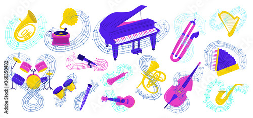 Musical instrument vector illustration set. Cartoon flat colorful collection acoustic icons for musician with notes, music group equipment. Saxaphone, guitar, drum kit, harp or piano isolated on white