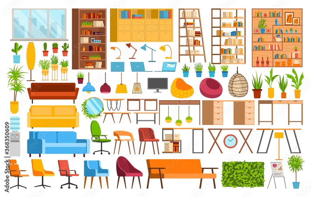 Office furniture, coworking space vector illustration set. Cartoon collection of interior elements for office workers, laptops, book shelves, tables chairs and sofas decoration icons isolated on white Office furniture, coworking space vector illustration set. Cartoon collection of interior elements for office workers, laptops, book shelves, tables chairs and sofas decoration icons isolated on white