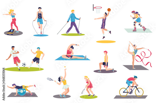People doing sport exercises vector illustration set. Cartoon flat man woman sportsman characters training, cycling, active athletes play soccer, tennis or basketball. Sport activity isolated on white