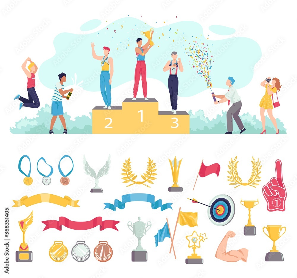 Award for people win in sport vector illustration set. Cartoon flat sportsman characters standing on podium, awarding medal and cup prize for happy champion winner, awards icons isolated on white Award for people win in sport vector illustration set. Cartoon flat sportsman characters standing on podium, awarding medal and cup prize for happy champion winner, awards icons isolated on white