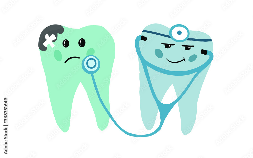 cute kawaii tooth character examining dental health, stethoscope and medical devices for examining tooth, toothache concept, design element isolated on a white background, flat vector illustration cute kawaii tooth character examining dental health, stethoscope and medical devices for examining tooth, toothache concept, design element isolated on a white background, flat vector illustration