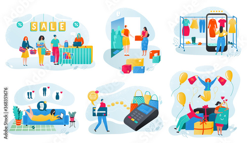 People shopping online vector illustration set. Cartoon flat tiny shopper character buying cloth in mobile shop app, happy buyer paying by card for purchases. Mobile commerce concept isolated on white