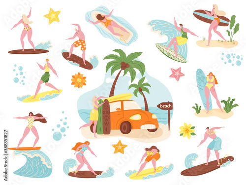 Surfers, beach people surf vector illustration set. Cartoon flat active man woman character swimming, surfing on surfboard in sea waves. Summer beachfront extreme sport activity icon isolated on white