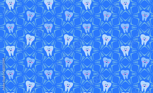 dental wallpaper, cute teeth kawaii seamless pattern, ornamental blue background, vector illustration