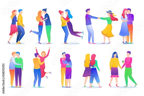 Couple people love vector illustration set. Cartoon flat loving faceless man ...