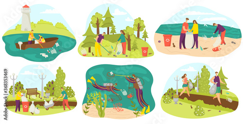 Environment and volunteers cleaning and gathering garbage in bags, in park, in sea set of flat vector illustrations. Ecology, waste and environment care, volunteering, recycle and clean green planet.