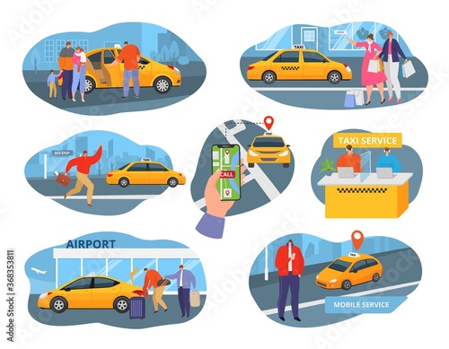 Taxi car driver and service icons set with transport, people using taxicab and taxi system elements flat isolated vector illustrations set. Passengers order taxi transportation vehicle, yellow auto.
