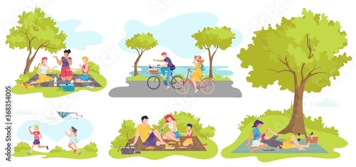 Picnic outdoor in summer, people with food on nature, families, happy couple in love, lying on grass in park and enjoying together, children playing isolated cartoon illustrations set. Picnic party