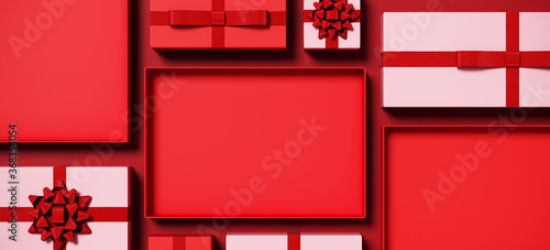 Minimal product background for Christmas, New year and sale event concept. Red and pink gift box on red background. 3d render illustration. Clipping path of each element included.