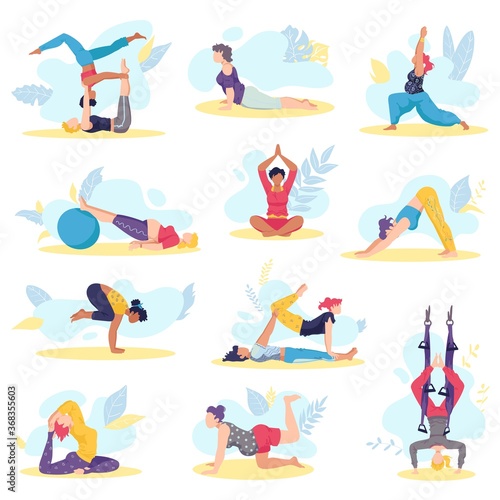 Yoga girl exersices and body health poses fitness and health training set of flat isolated vector illustration. Beautiful young girls exercising various yoga poses, stretch and relax meditation.