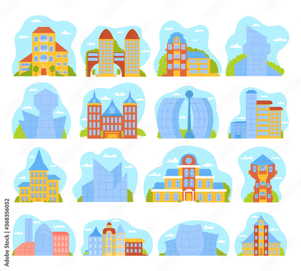 Modern city buildings set of isolated vector illustrations with architecture of skyscrappers. Urban morden cityscape, towers, downtown, city skyline metropolis. Town constructions and buildings.