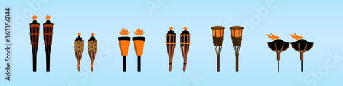 Burning beach bamboo torch in different styles isolated on blue