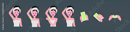 young women armpit waxing using cold wax hair removal strips vector illustration