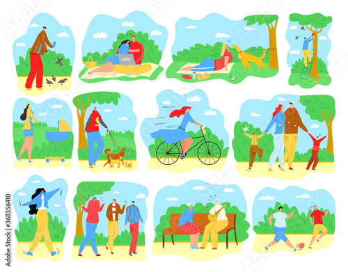 People outdoor in park, men, women and families in summer park activities walking, doing yoga excersises and bicycling, playing with kids and dogs isolated vector illustrations set. Outdoor activity.