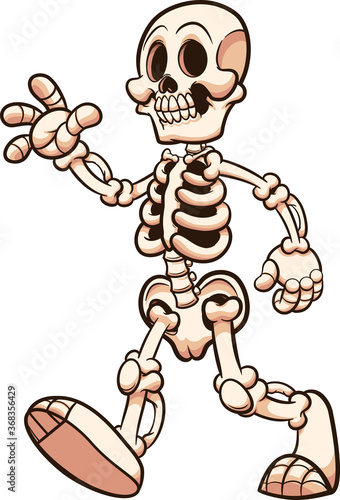 Cartoon skeleton walking and waving. Vector clip art illustration with simple gradients. Some elements on separate layers. 