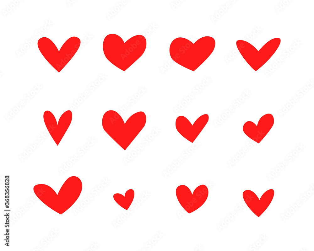 Corazón rojo. Conjunto de corazones de diferentes estilos, líneas negras. Ilustración vectorial aislada en fondo blanco. Trazado