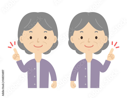 指差しポーズするおばあちゃん シニア 左右セット Illustration of pointing pose. Illustration of the upper body. Illustration of grandma.