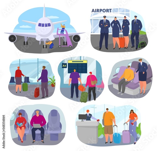 People in airport travel to vacation with suitcases, couples with baggage in departure or arrival sector, aircraft team, friends and family travelling in airport, travelers walking, trip by airplane.