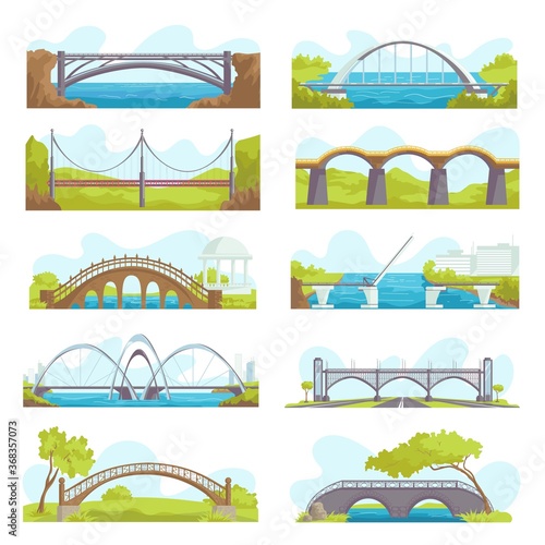 Bridges icons set of urban and suspension structure isolated vector illustrations. Bridged urban crossover architecture, bridge-construction for transportation, river bridge-building with carriageway.