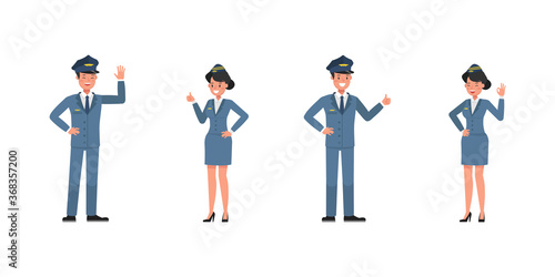 Steward and stewardess character vector design. Presentation in various action.