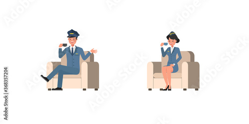 Steward and stewardess character vector design. Presentation in various action.