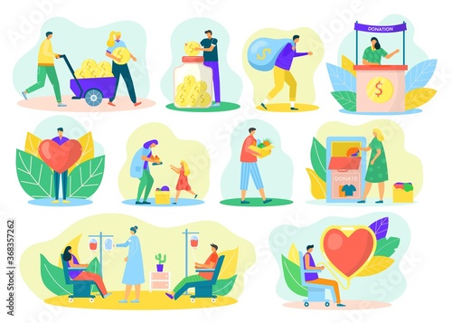 Charity donation set of help and care of volunteers service, vector illustrations. Donate social center helping homeless and needy people, medical blood donors, community assistance, cloths and things