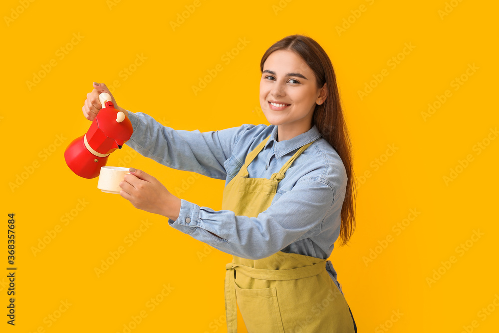 Female barista on color background Female barista on color background