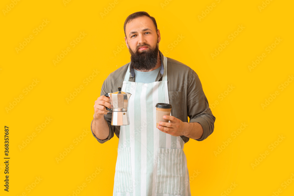 Male barista on color background Male barista on color background