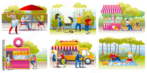 People eating outdoor set of vector illustrations. Street food eaters festival, people eat at vans or stalls, buying homemade meals at outdoor cafes or restaurant, picnic in nature. Street food at
