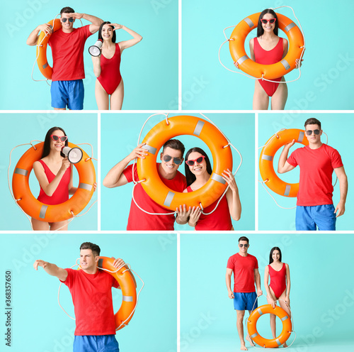 Beach rescuers with lifebuo...