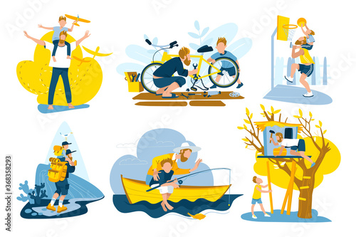 Father and son spending time together set of vector illustrations. Father and son playing, fishing, hiking and building tree house, launching toy airplane. Happy fatherhood. Dad and boy, parenthood.