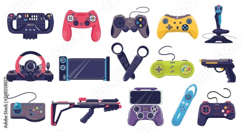 Game joystick icons and gamers gadgets technology, controller set of vector illustrations. Electronic video joysticks, computer devices. Gameing console collection for digital play, entertainment.