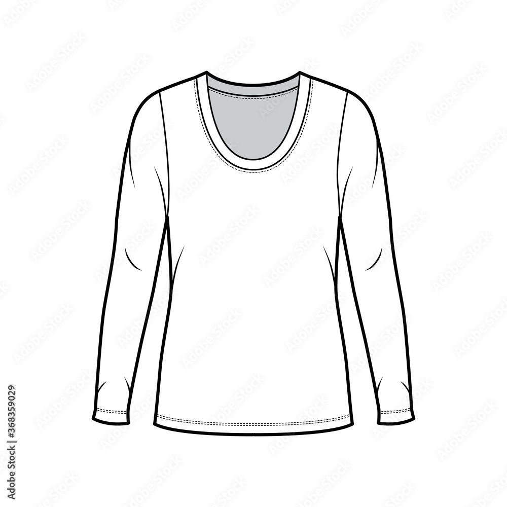 Scoop neck jersey sweater technical fashion illustration with long sleeves, oversized body, tunic length. Flat shirt apparel template front white color. Women men unisex top outfit CAD mockup Scoop neck jersey sweater technical fashion illustration with long sleeves, oversized body, tunic length. Flat shirt apparel template front white color. Women men unisex top outfit CAD mockup