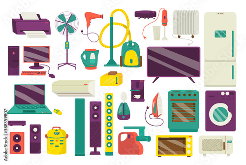 Home appliance, household equipment icons set of isolated on white vector illustrations. Domestic appliances kitchen equipment and digital products for home, electric refrigerator, washing machine.