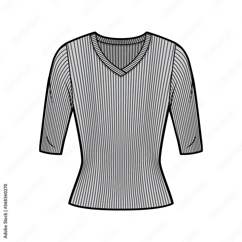 Ribbed V-neck knit sweater technical fashion illustration with elbow sleeves, close-fitting shape. Flat outwear apparel template front grey color. Women, men unisex shirt top CAD mockup Ribbed V-neck knit sweater technical fashion illustration with elbow sleeves, close-fitting shape. Flat outwear apparel template front grey color. Women, men unisex shirt top CAD mockup