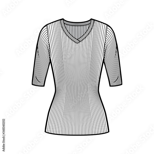 Ribbed V-neck knit sweater technical fashion illustration with elbow sleeves, close-fitting shape, tunic length. Flat outwear apparel template front white color. Women men unisex top CAD mockup